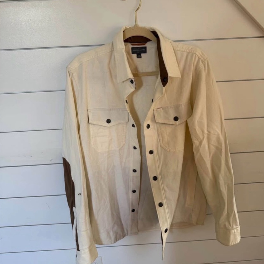 L.L.Bean Signature Cream Button-Up Shirt with Brown Accents